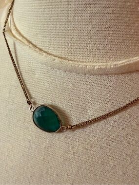 Vintage a.v max Gold Necklace with Green Oval Stone Pendant dainty choker